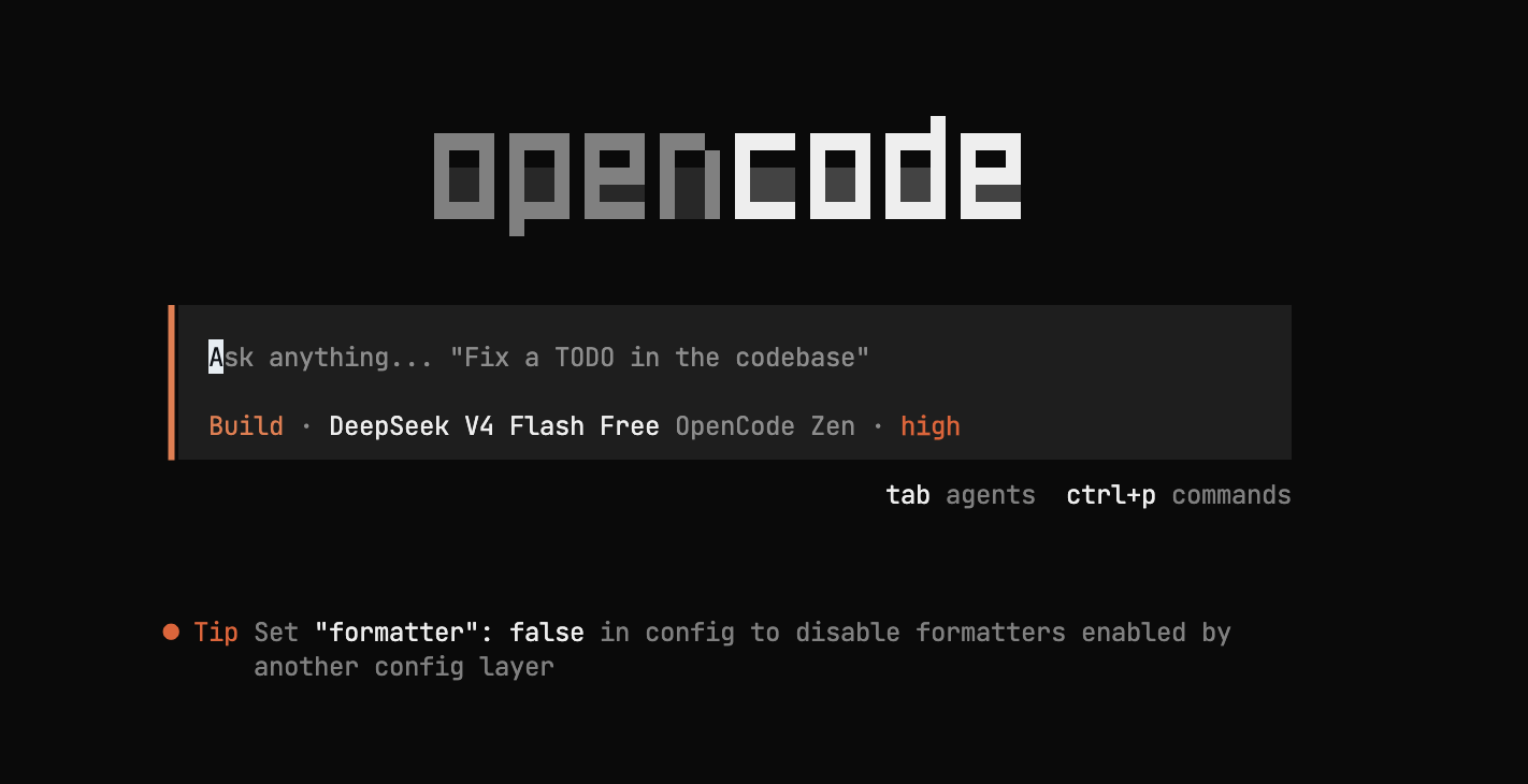 DeepSeek V4 Flash Free selected in OpenCode terminal interface