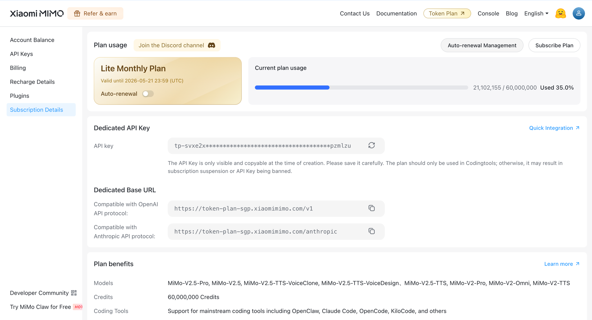 Xiaomi MiMo subscription dashboard showing Lite Monthly Plan with 21M of 60M tokens used, 35% used