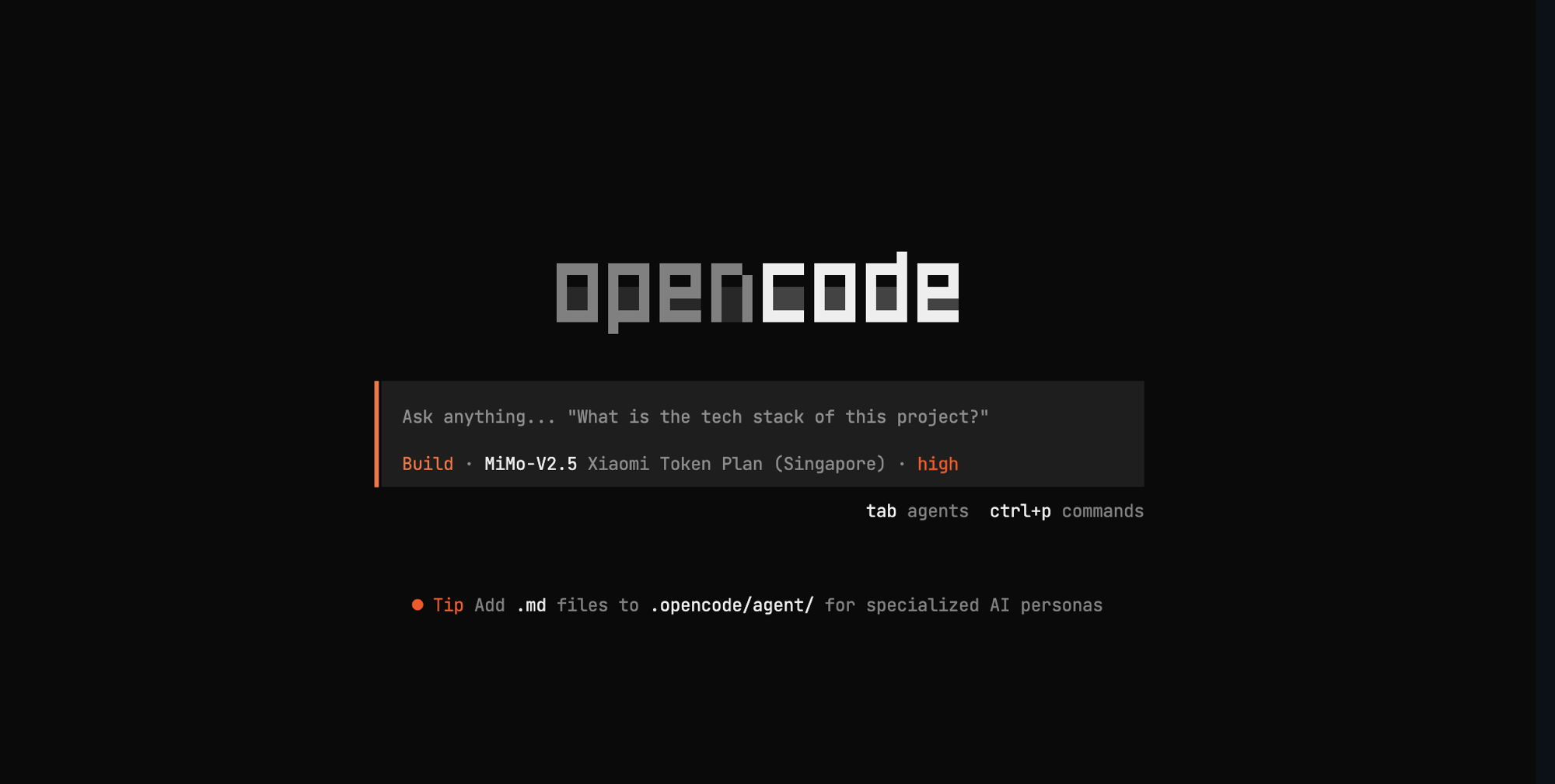 OpenCode terminal showing MiMo-V2.5 Xiaomi Token Plan Singapore on high performance mode