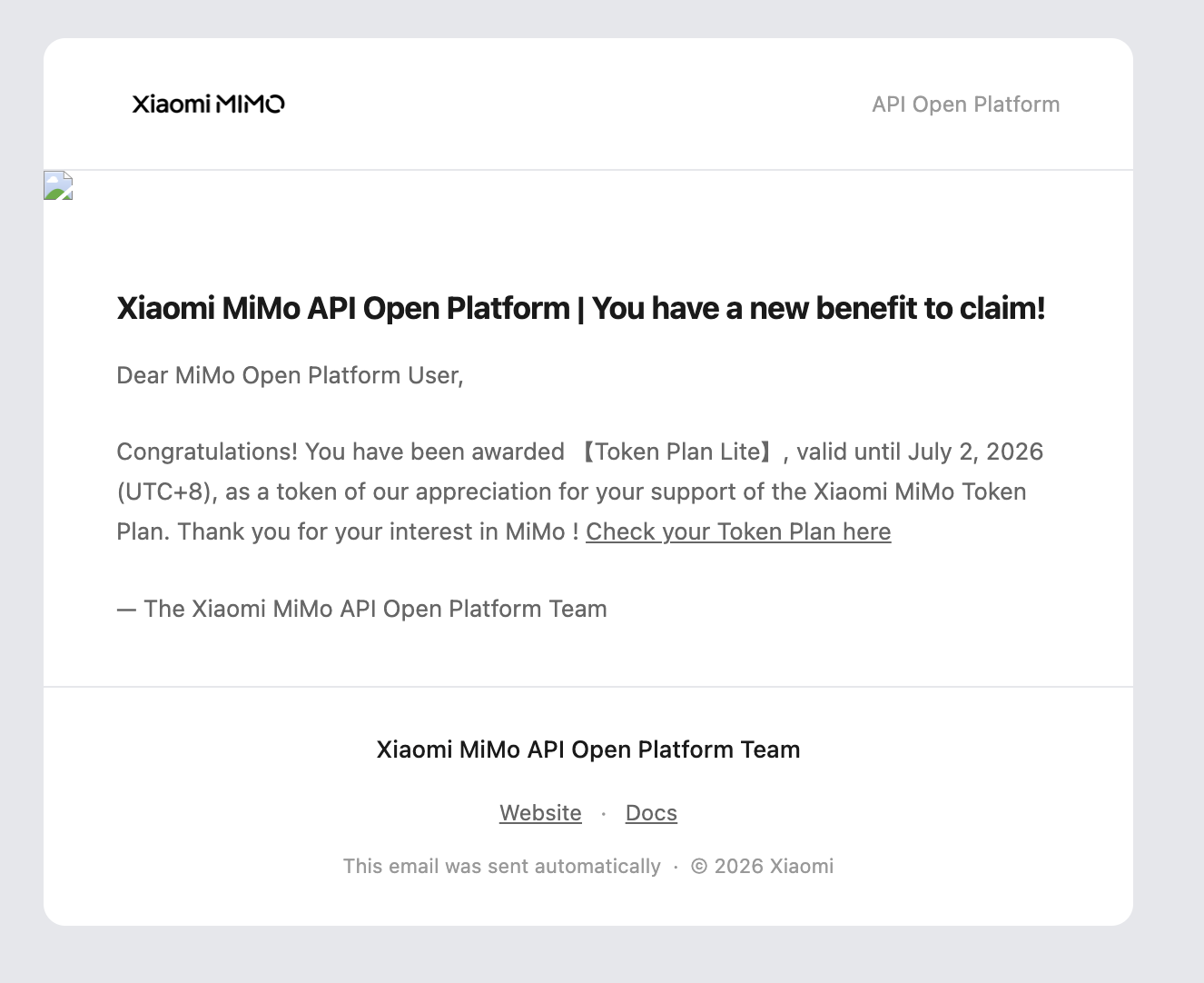 Email from Xiaomi MiMo API Open Platform awarding a free Token Plan Lite, valid until July 2, 2026