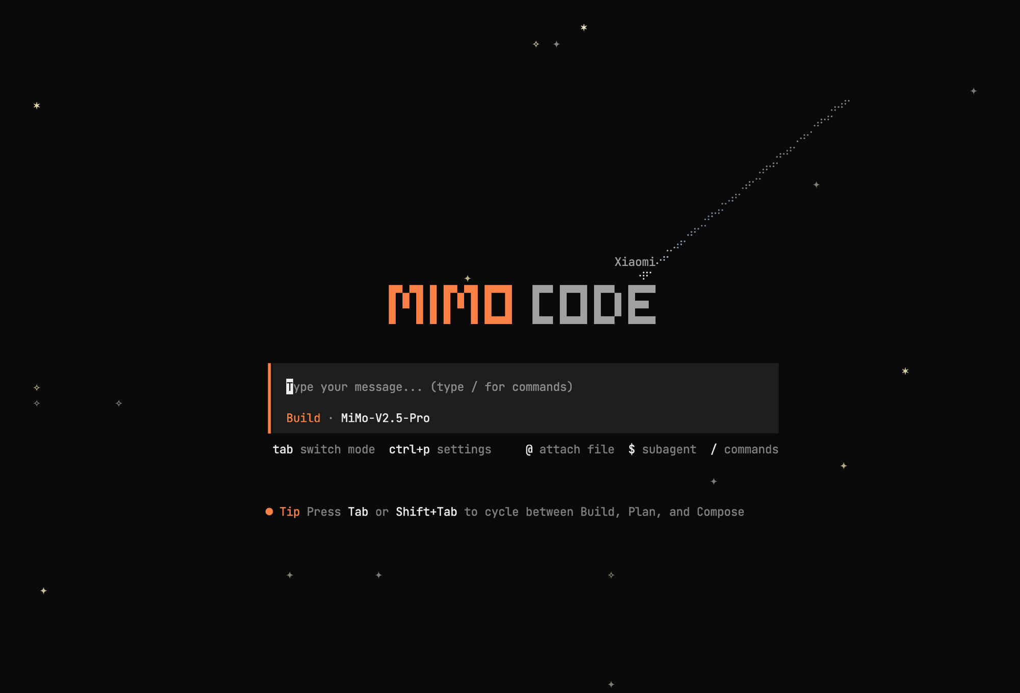 Xiaomi MiMo Code terminal interface showing Build mode with MiMo-V2.5-Pro as the active model