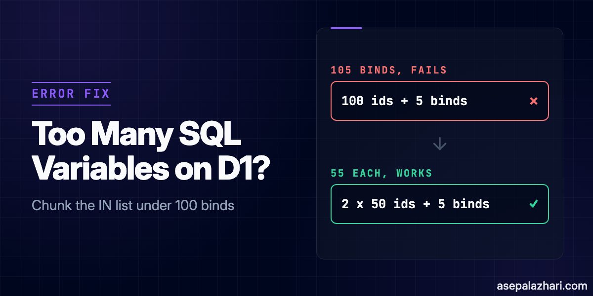 D1_ERROR: too many SQL variables means one statement binds over 100 values. See the 100 plus 5 arithmetic, a chunking fix, and a db.batch test I ran locally.