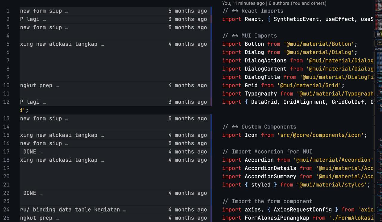 Git history annotations in VS Code showing commit logs and file changes