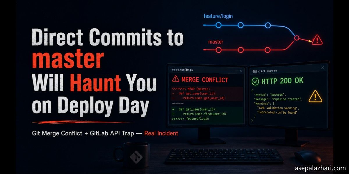 One Swagger refactor committed straight to master caused a 3-way merge conflict, a silent GitLab API failure, and 30 minutes of manual branch surgery before we could ship. Here is the full incident and the rule that prevents it.