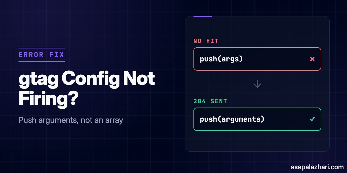 gtag config not firing? A custom gtag helper that pushes an array loads gtag.js but sends no hit. Tested 4 variants in Chrome, with the fix and a Bun test.