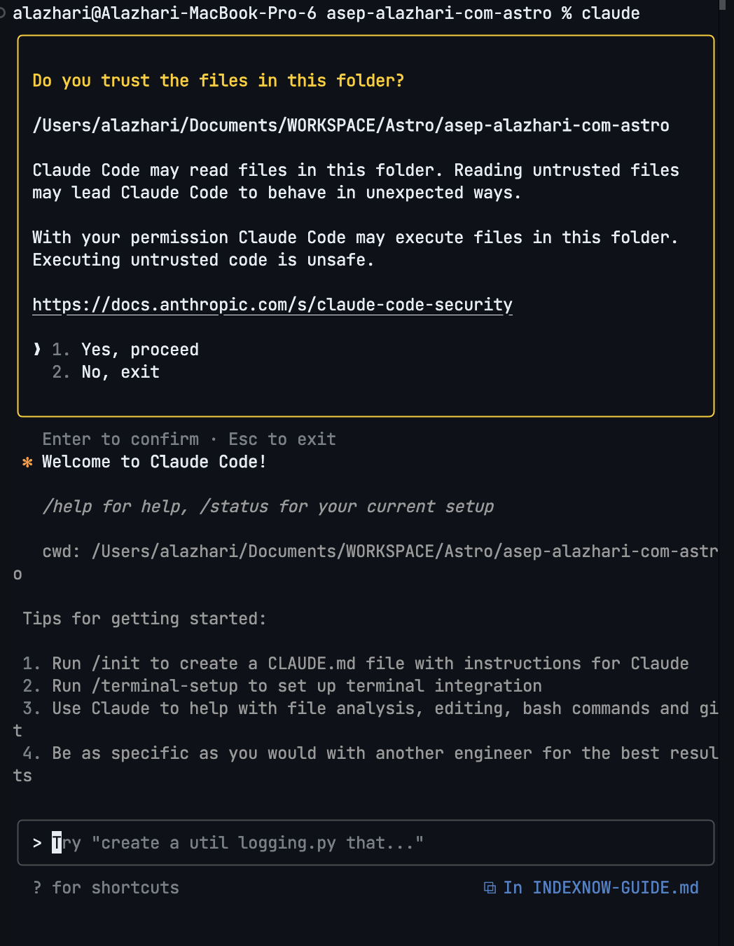 Claude Code welcome screen and initial setup