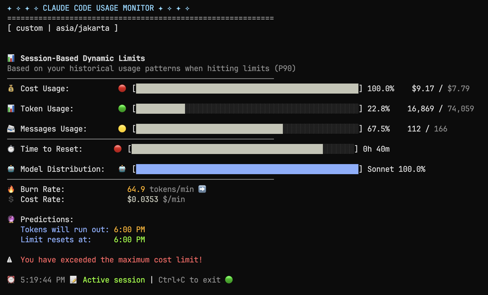 Claude Code Usage Monitor displaying real-time metrics