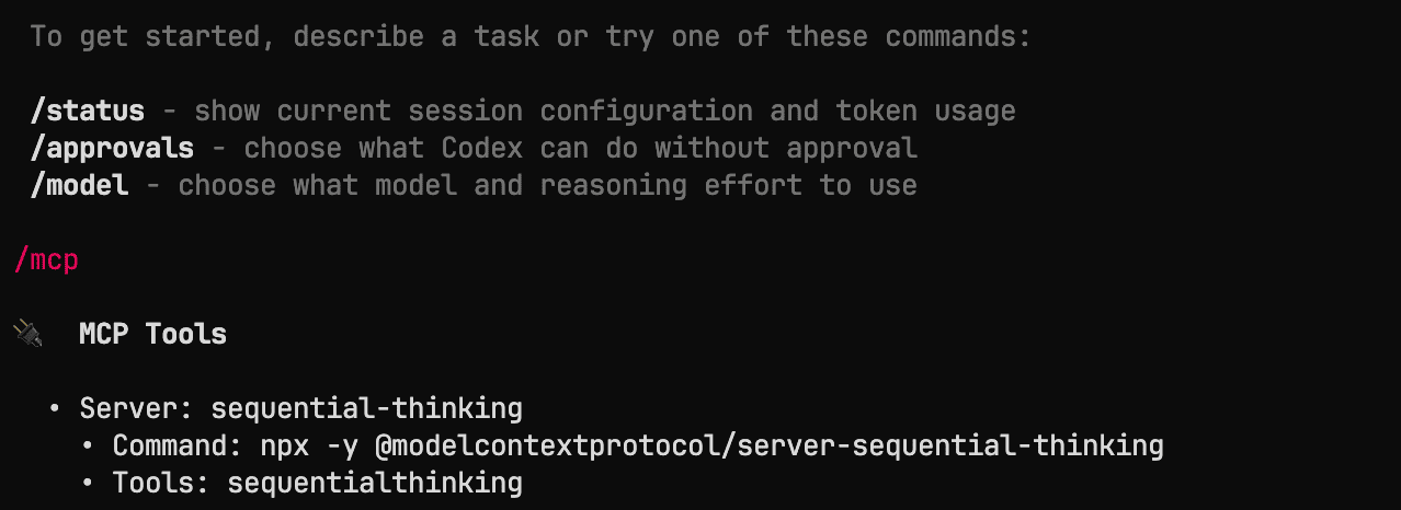 Screenshot of Codex CLI interface showing MCP server integration