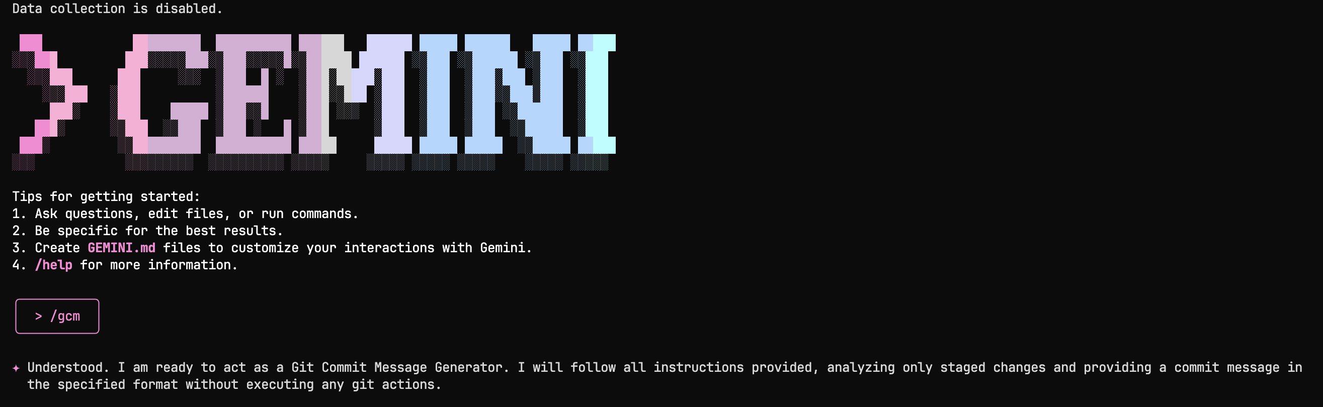 Using custom /gcm slash command in Gemini CLI terminal interface