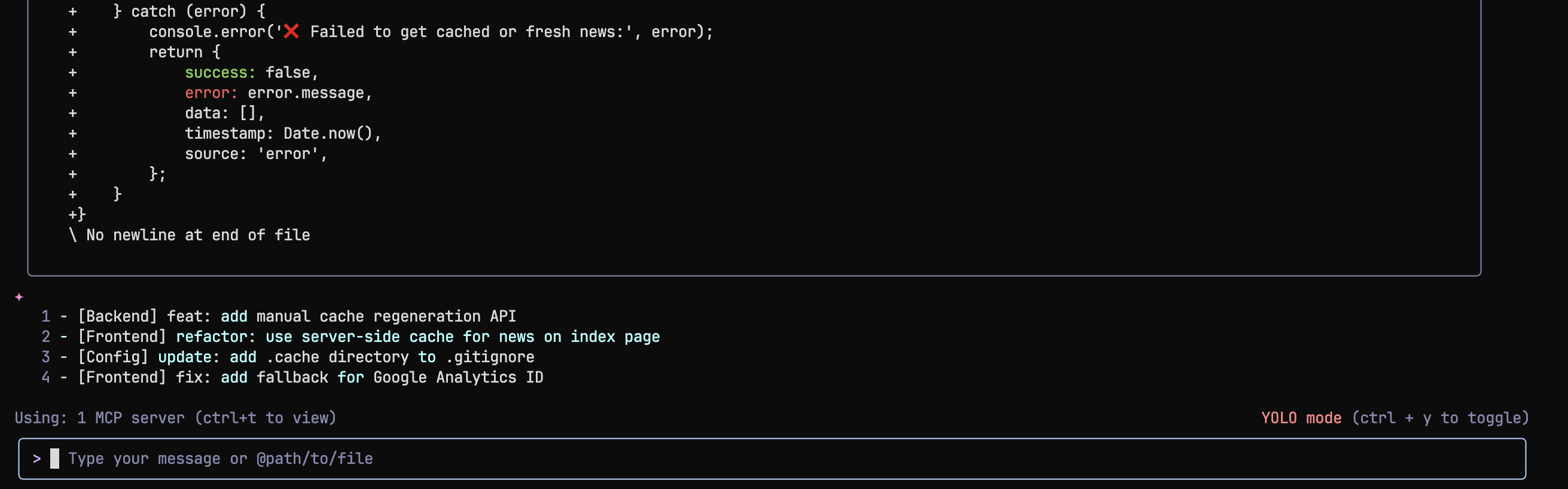 Result of /gcm command showing generated commit message