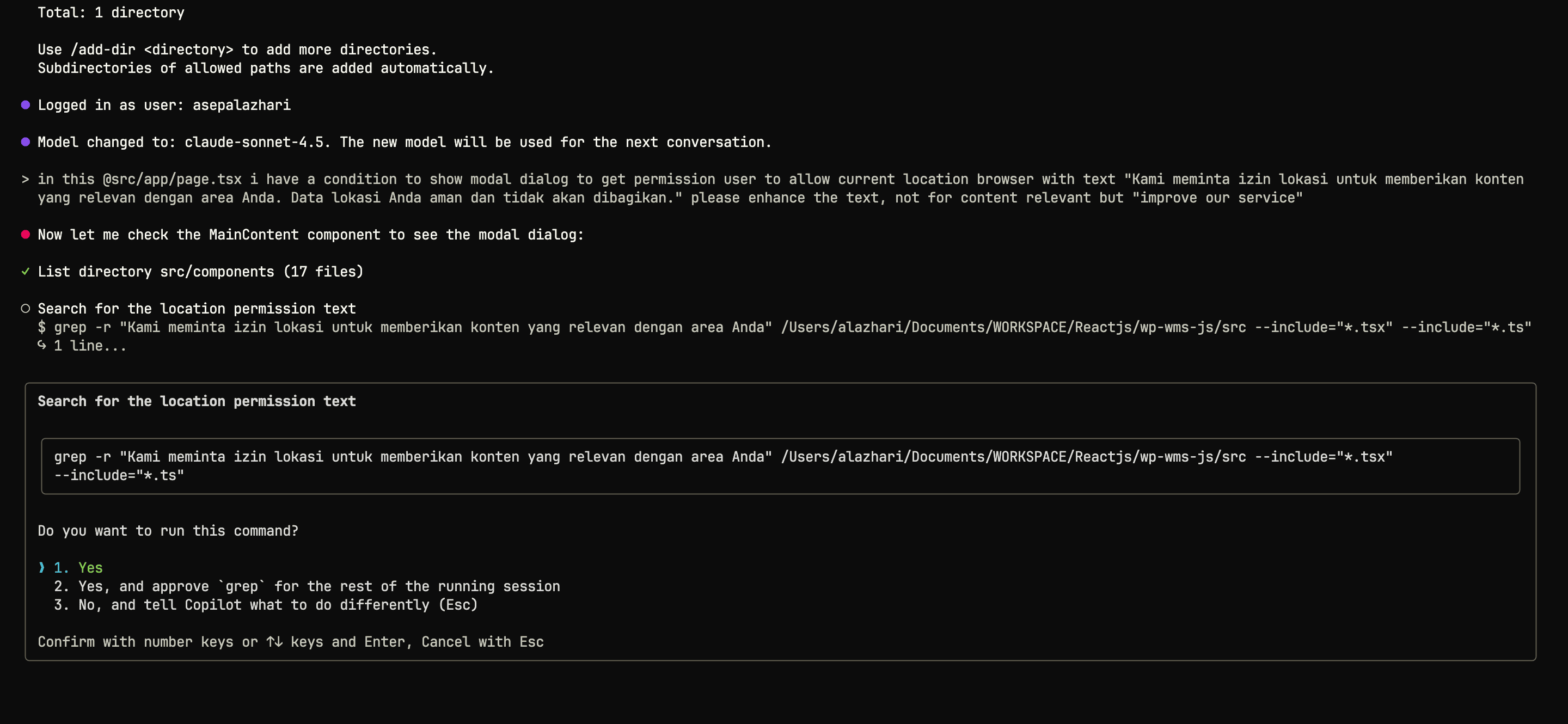 GitHub Copilot CLI terminal interface showing command execution and AI-powered responses with Claude Sonnet 4.5 model