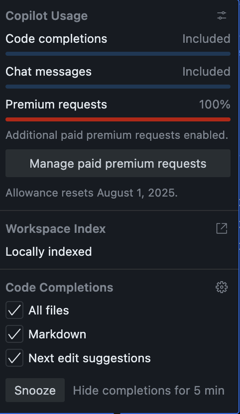 GitHub Copilot Pro usage limit reached at 100%