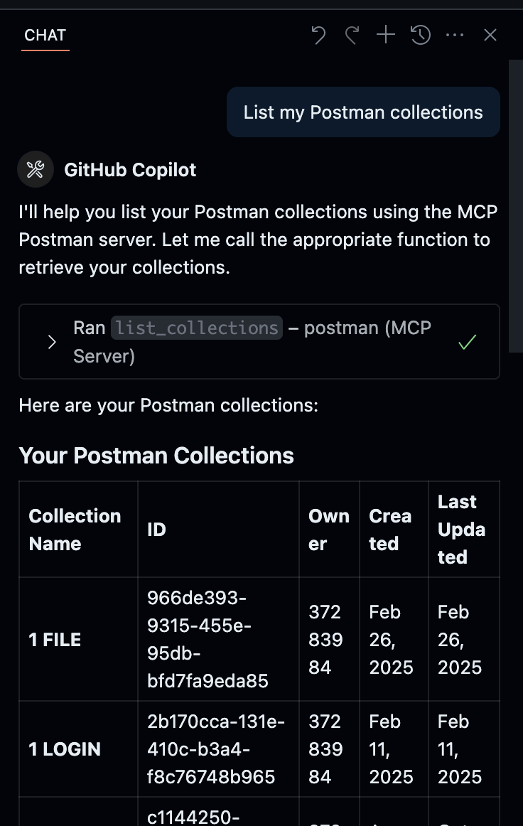 GitHub Copilot successfully listing Postman collections through MCP integration