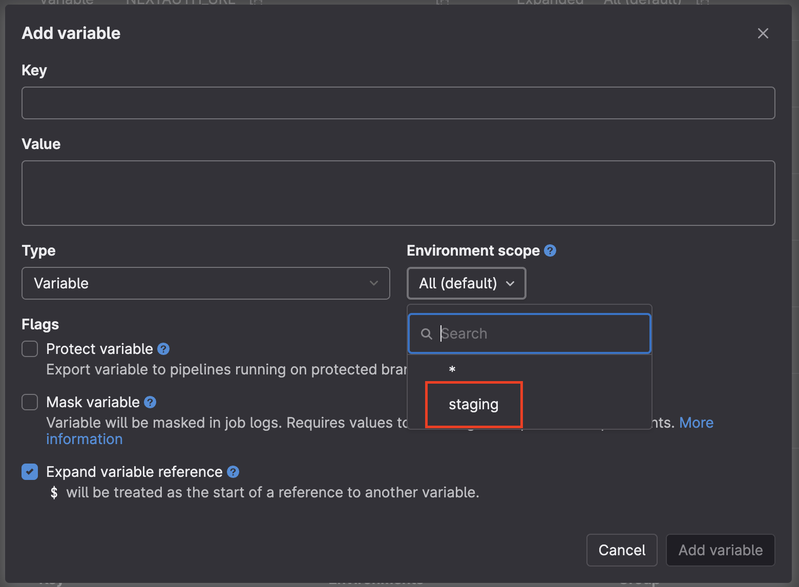 GitLab CI/CD variable creation interface, showing options for key, value, type, environment scope, and flags.