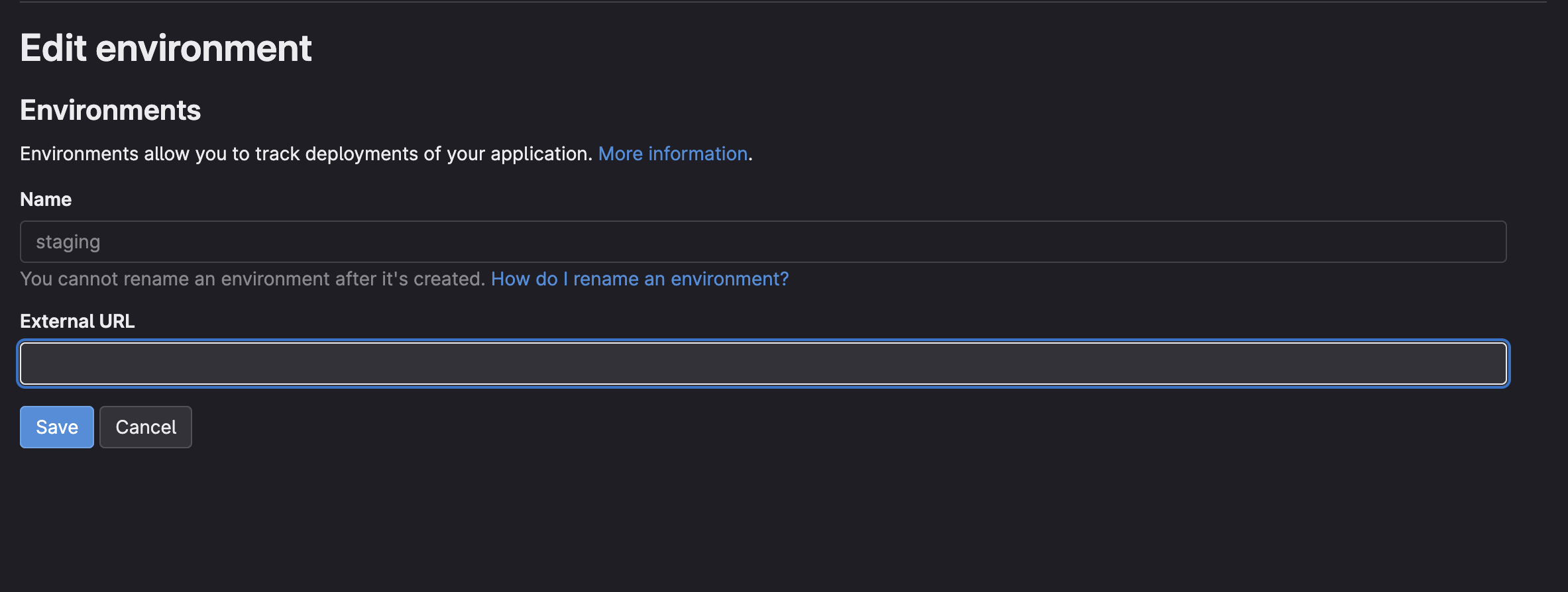 GitLab environment settings showing 'staging' environment with an external URL