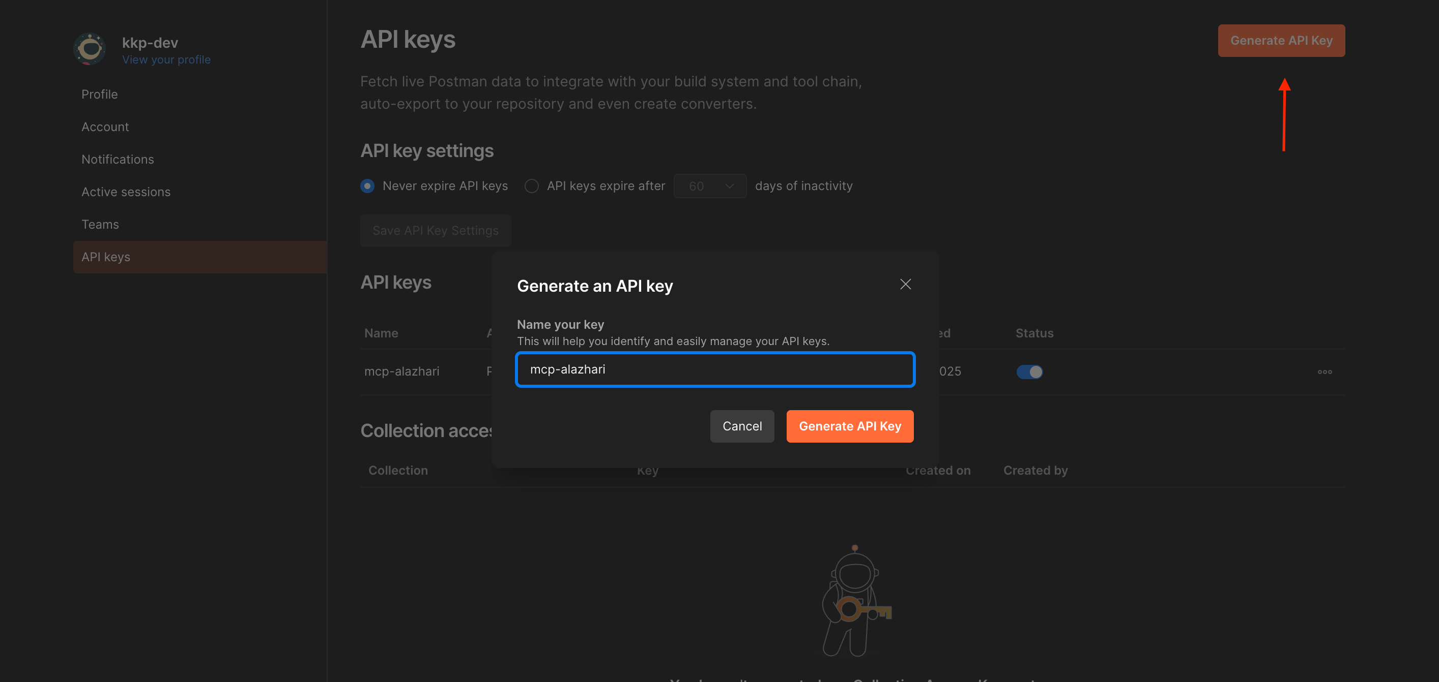 Creating a new API key in Postman interface showing the API key generation dialog