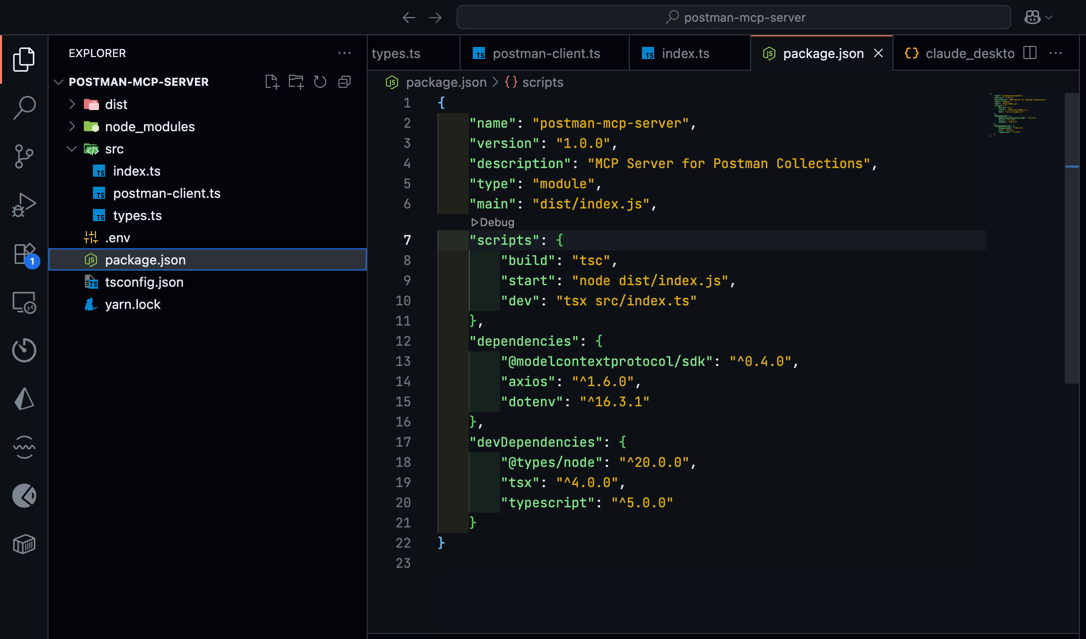 VS Code showing the Postman MCP server project structure with package.json configuration