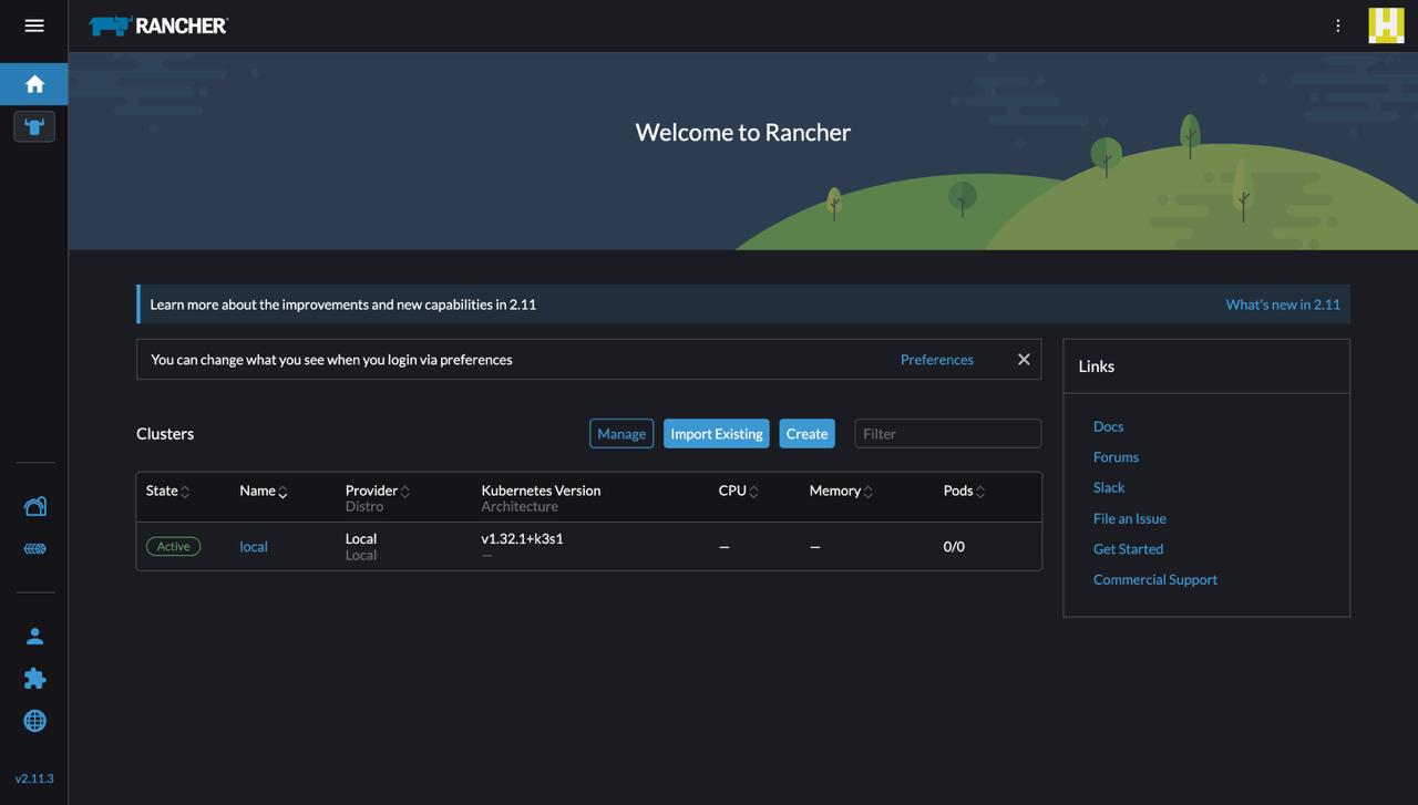 Rancher dashboard showing cluster management interface with local cluster and import options