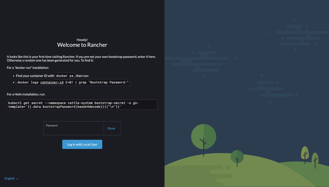Rancher welcome screen showing bootstrap password setup and login interface