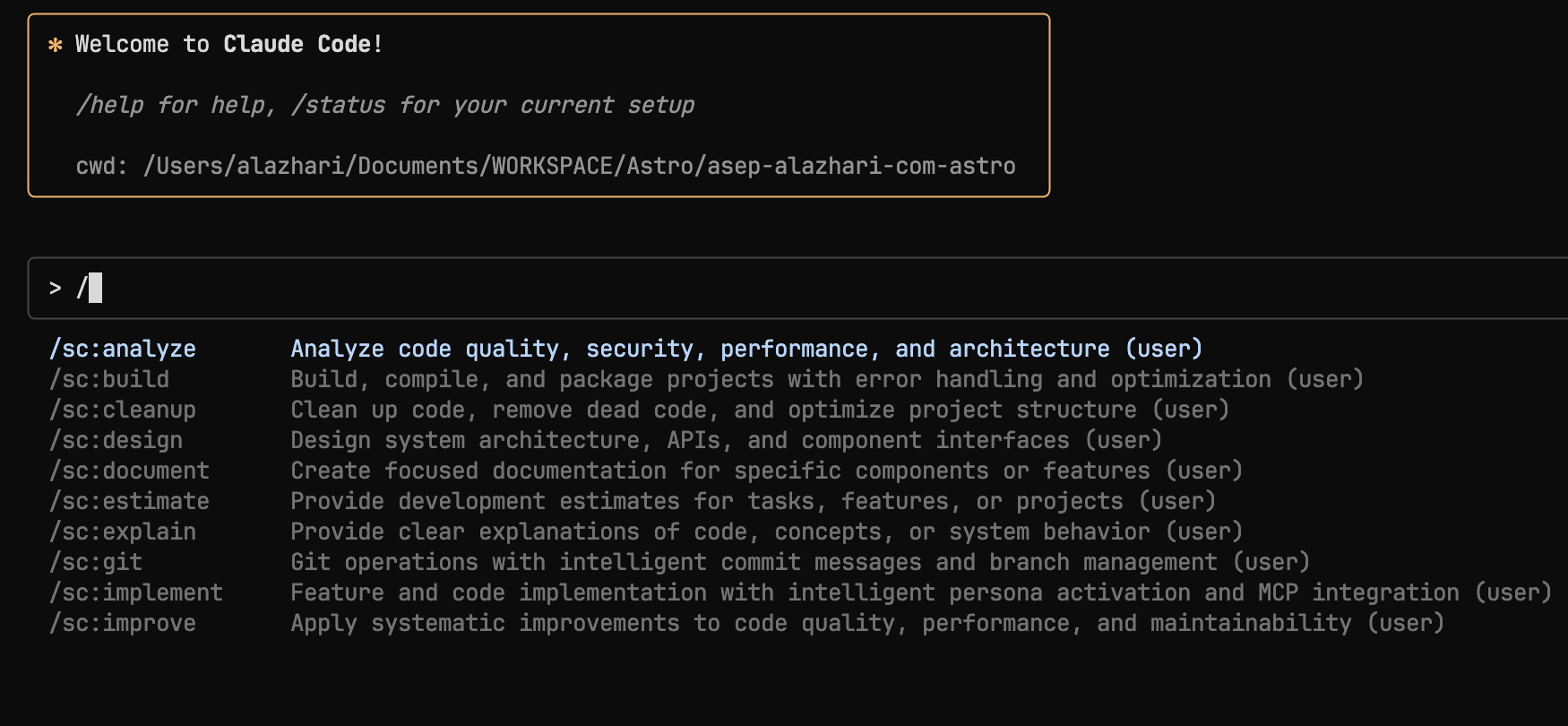 Super Claude Framework command interface showing available commands